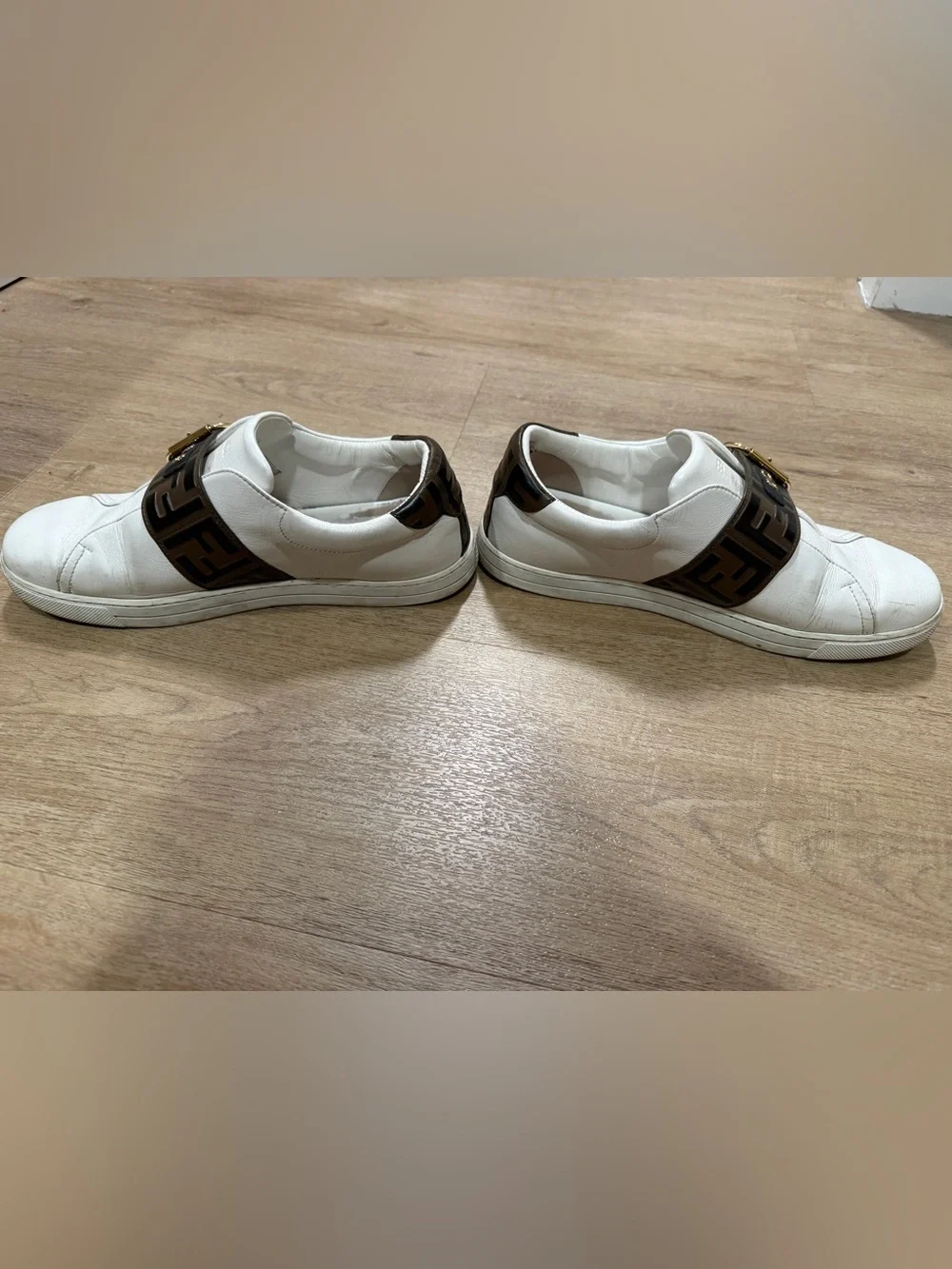 Fendi White Leather Sneakers with Brown FF Strap and Gold Buckle - Picture 3 of 7
